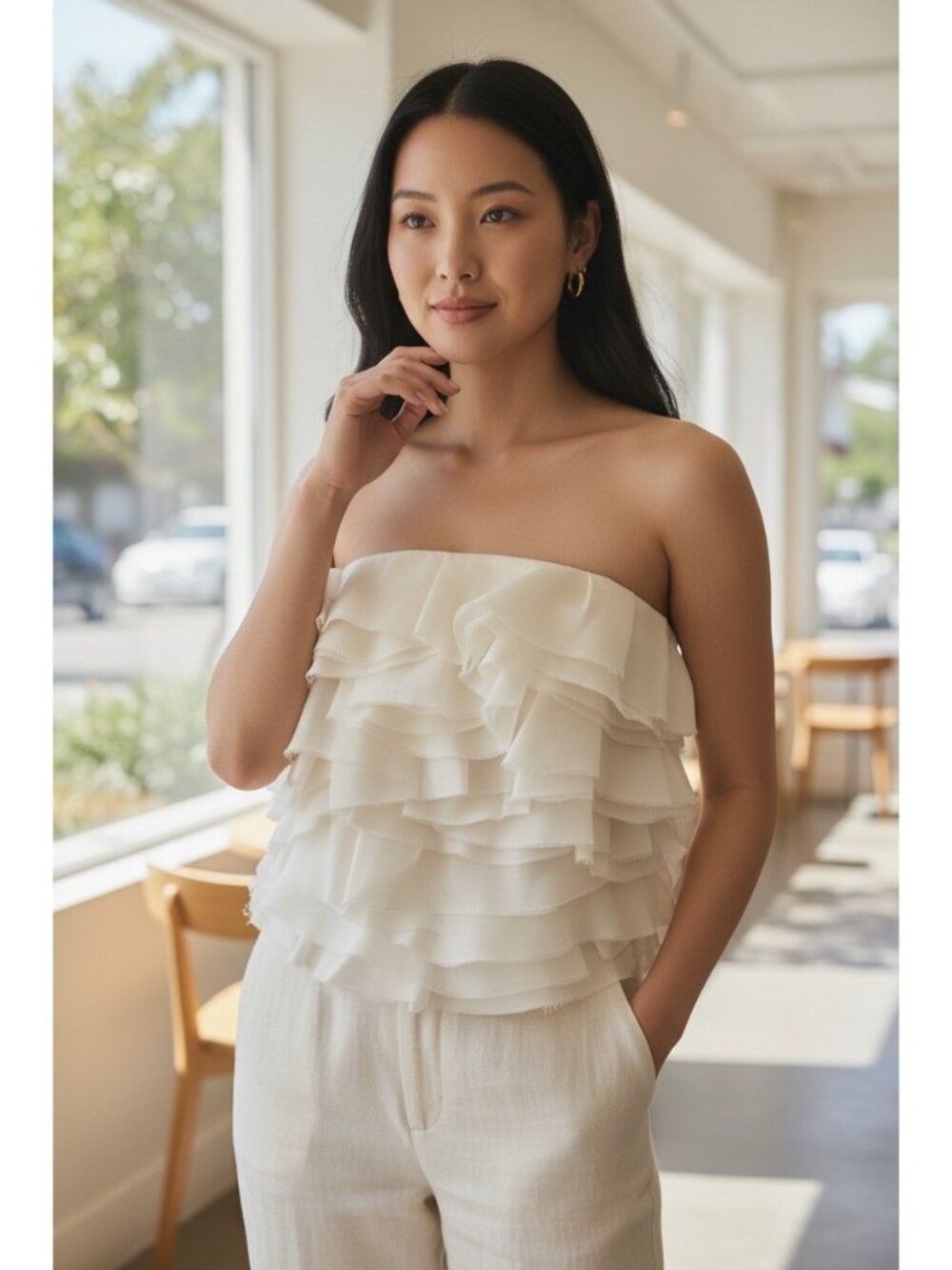 Strapless Ruffle Layer Crop Top in Cream